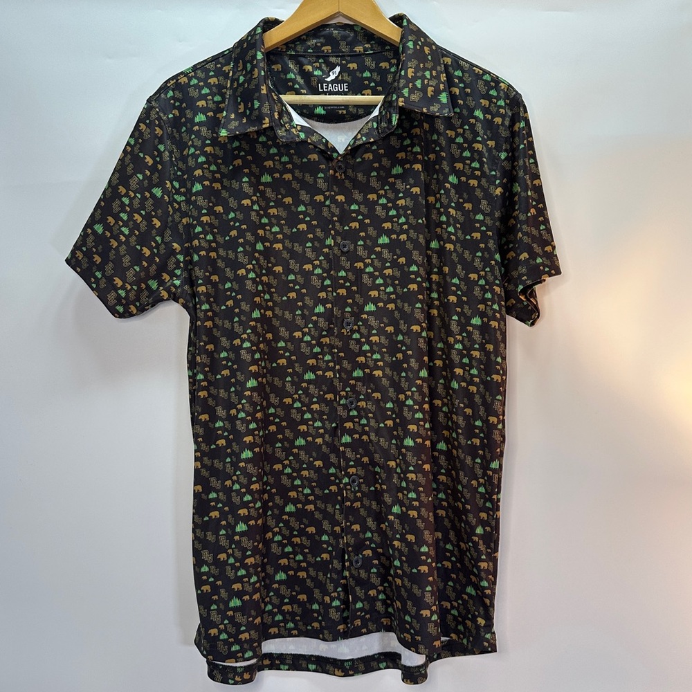 League 91 PLU Bear Trees Golf Button Down Activewear Collared Short Sleeve Shirt - Picture 3 of 9